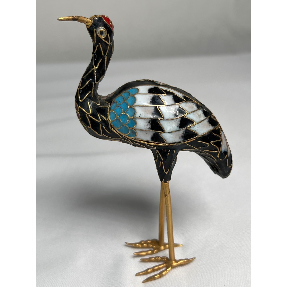 CLOISONNE Crane Figurine Unisex Small Black 4.5" Excellent